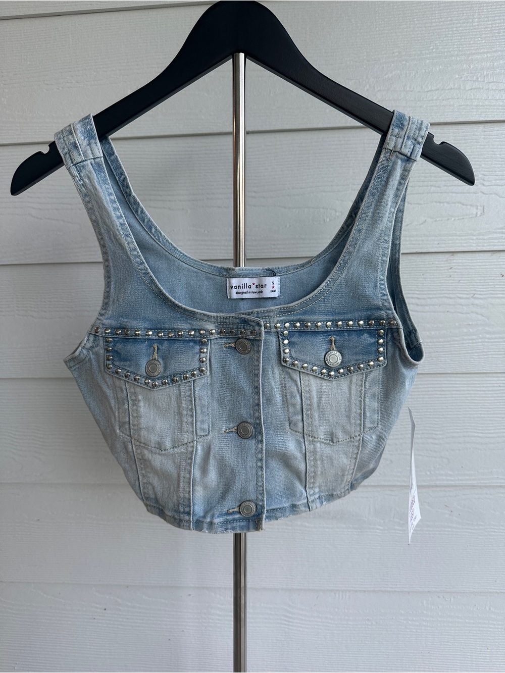 Vanilla Star Light Blue Studded Denim Crop Vest